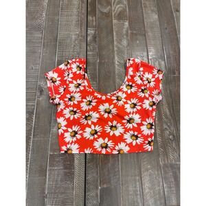 Diva Apparel Womens Large Red Daisy Floral Crop Top Twist Back Scoop Neck BN199